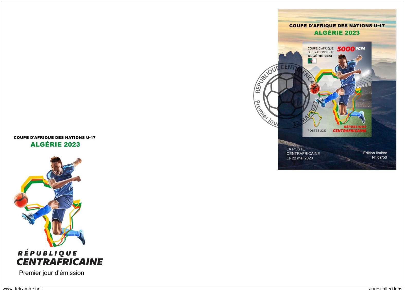 CENTRAL AFRICAN 2023 - SHEET 1V - FOOTBALL AFRICA CUP OF NATIONS ALGERIA ALGERIE COUPE D' AFRIQUE HOGGAR - IMPERF FDC - Africa Cup Of Nations