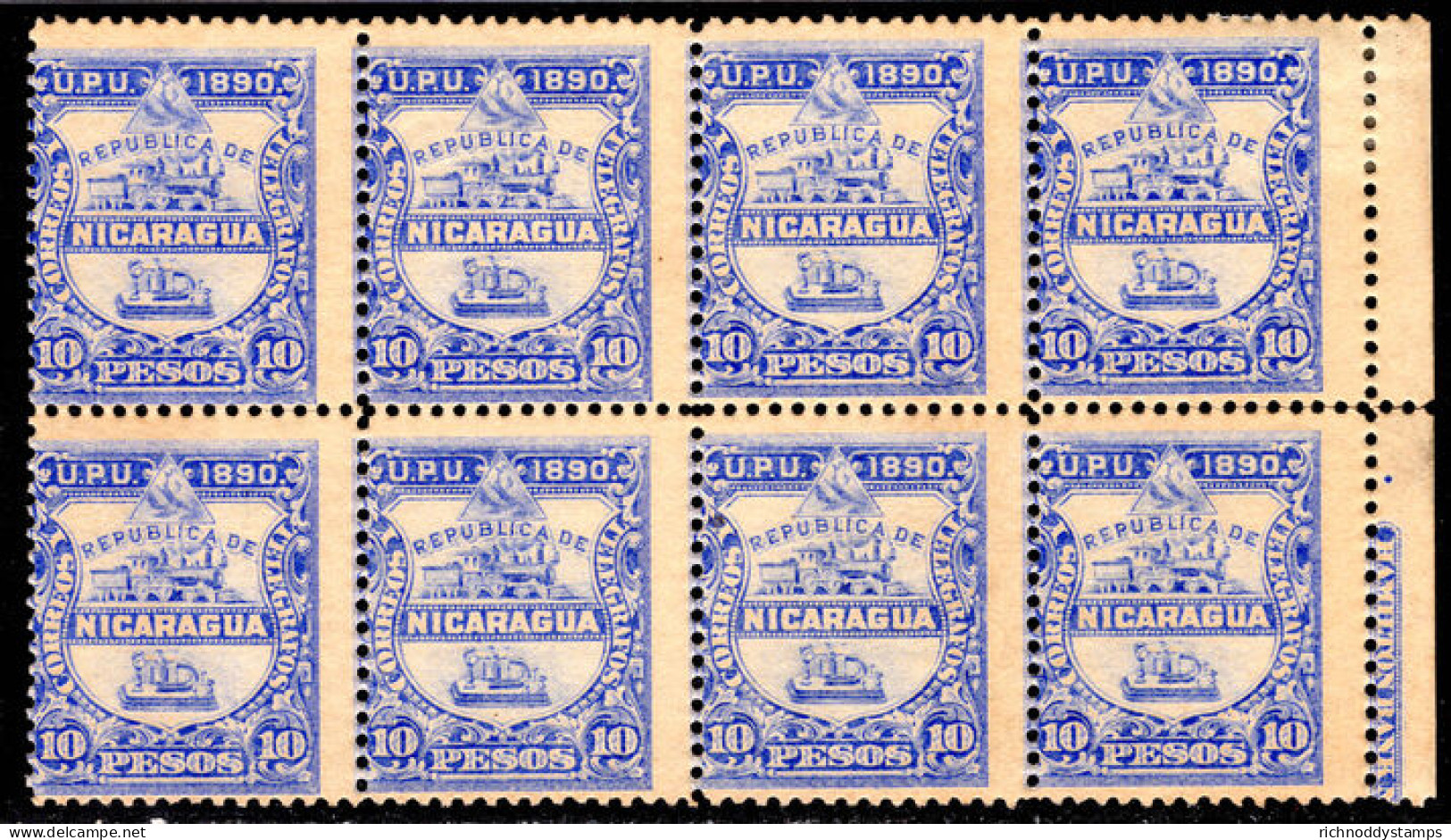 Nicaragua 1890 Official 10p Missing Overprint Block Of 8 7 Stamps Unmounted Mint. - Nicaragua