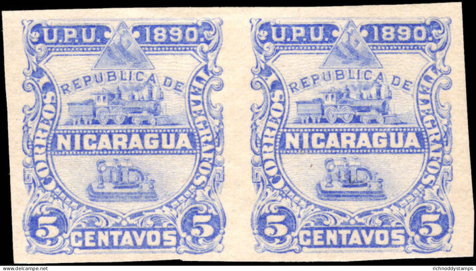 Nicaragua 1890 Official 5c Missing Overprint Imperf Pair Lightly Mounted Mint. - Nicaragua