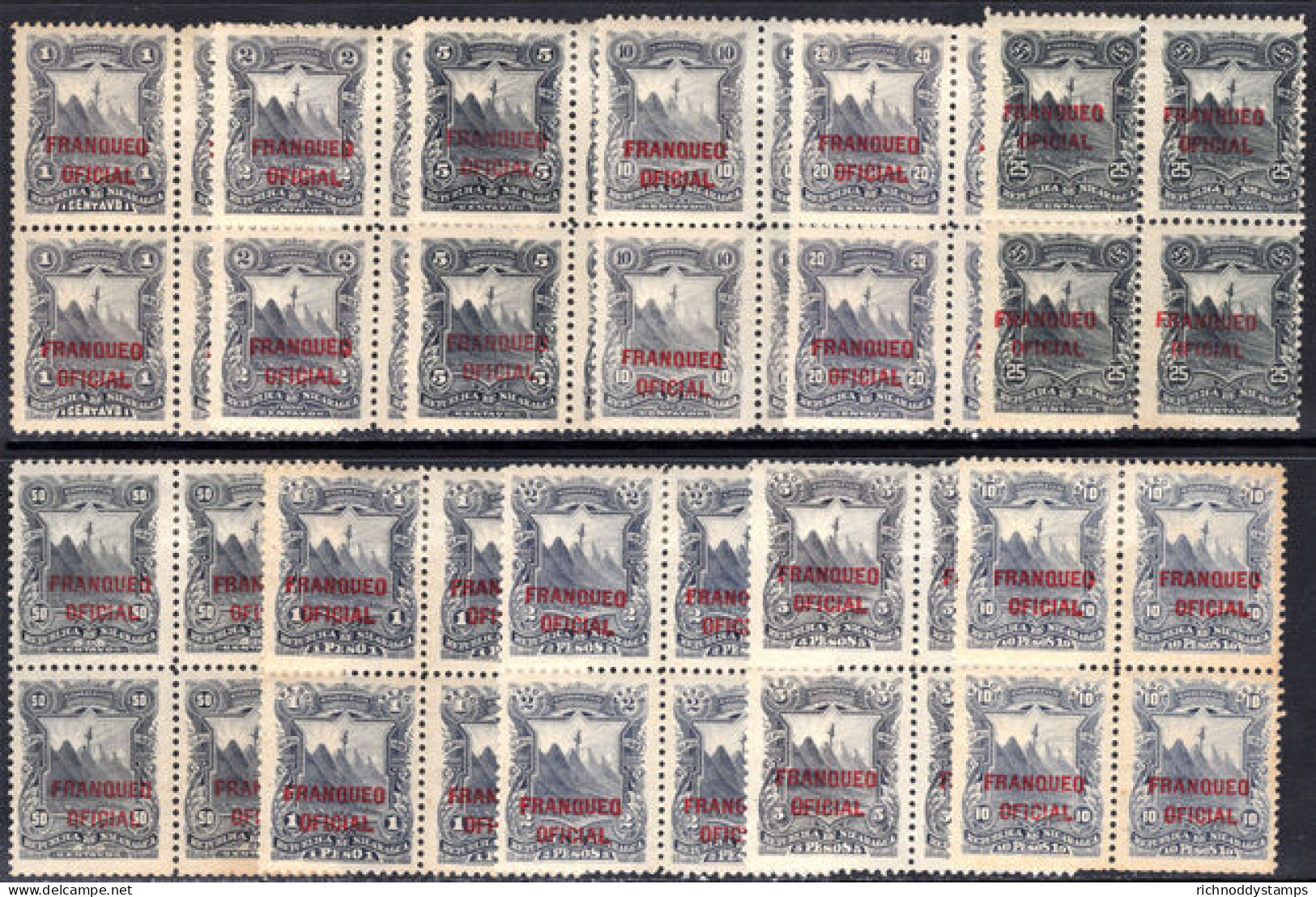 Nicaragua 1893 Official Set In Very Fine Blocks Of 4 Lower Two Unmounted Mint. - Nicaragua