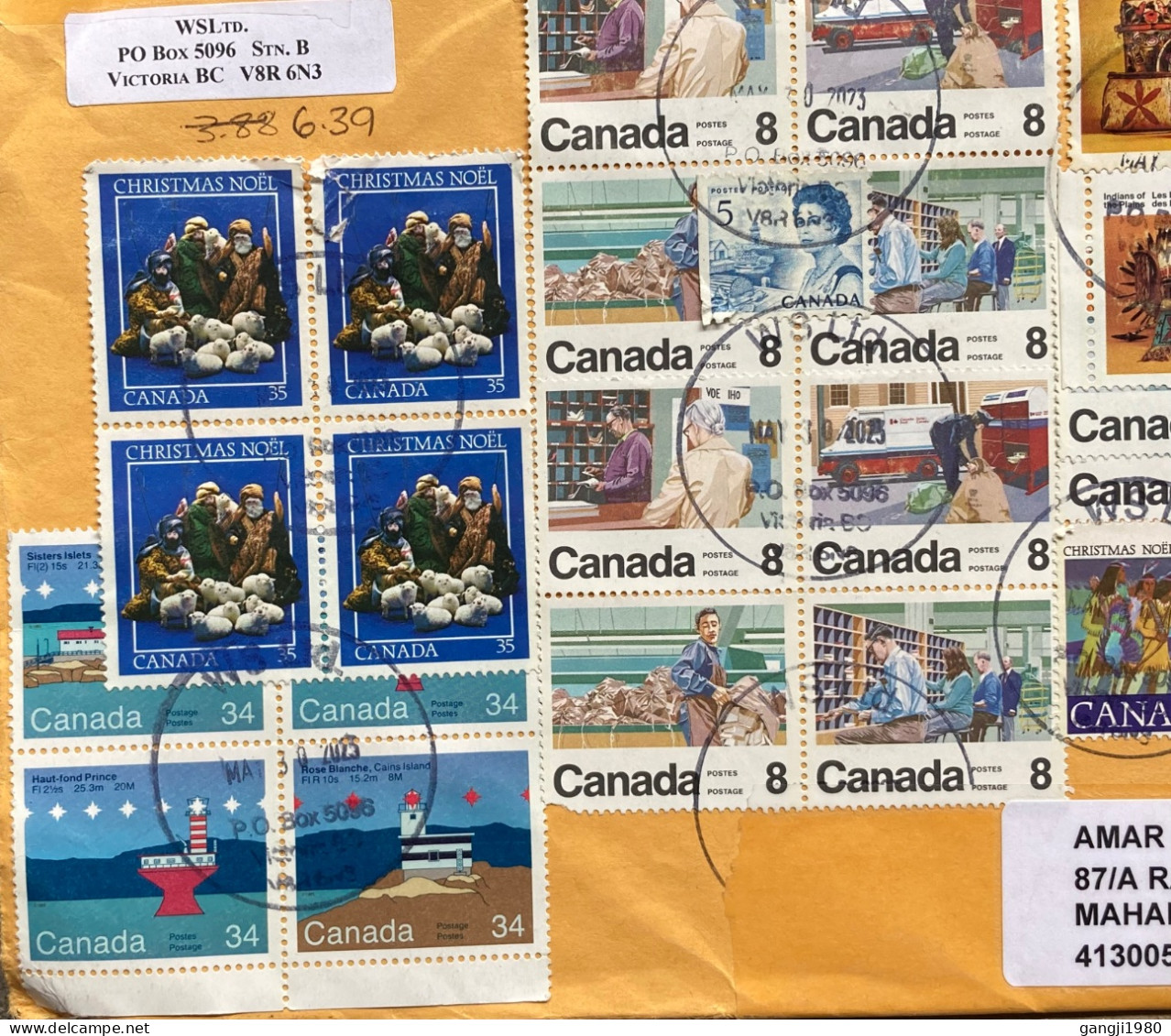 CANADA TO INDIA2023, COVER USED, ANIMAL, PAINTING, CHRISTMAS, POSTAL ACTIVITY, INDIANS, NATO, GLOBE, JULES LEGER,40 STAM - Covers & Documents