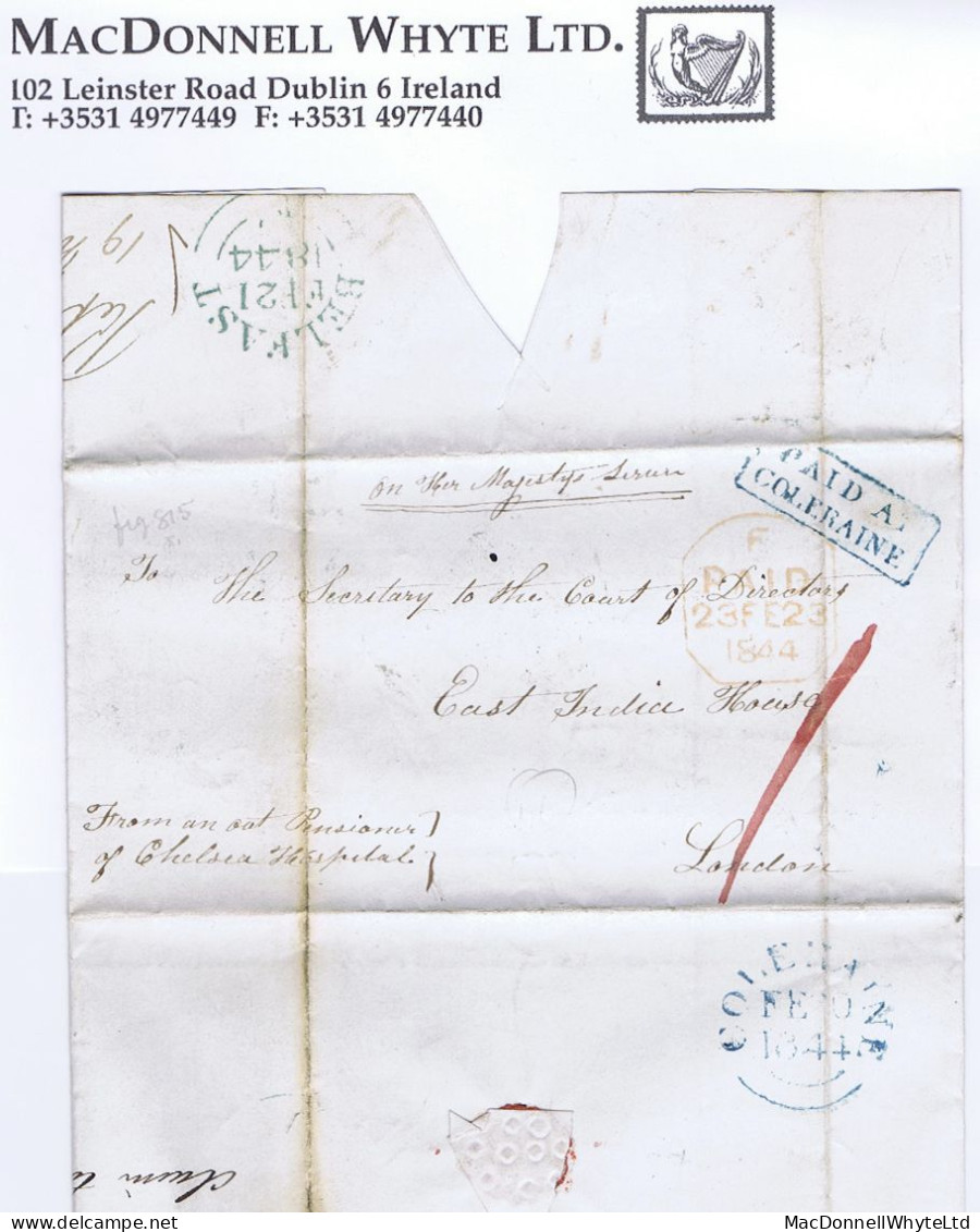 Ireland Derry 1844 Cover To EIC In London Paid "1" With Smaller Type Framed PAID AT/COLERAINE In Blue - Vorphilatelie