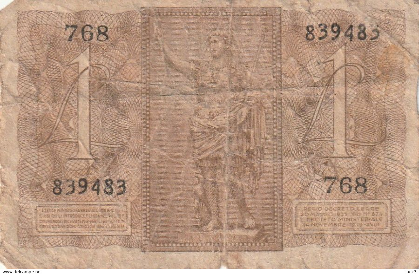 BANCONOTA -   1 LIRA BIGLIETTO DI STATO FASCIO 14/11/1939 - Italia – 1 Lira