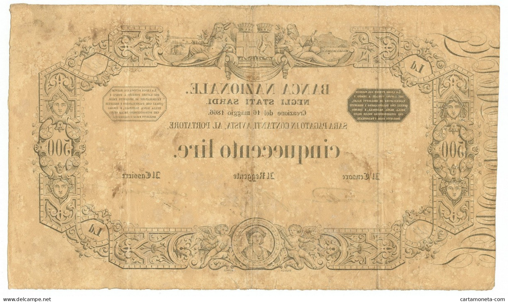 500 LIRE BANCA NAZIONALE NEGLI STATI SARDI 16/05/1866 BB/BB+ - Andere & Zonder Classificatie