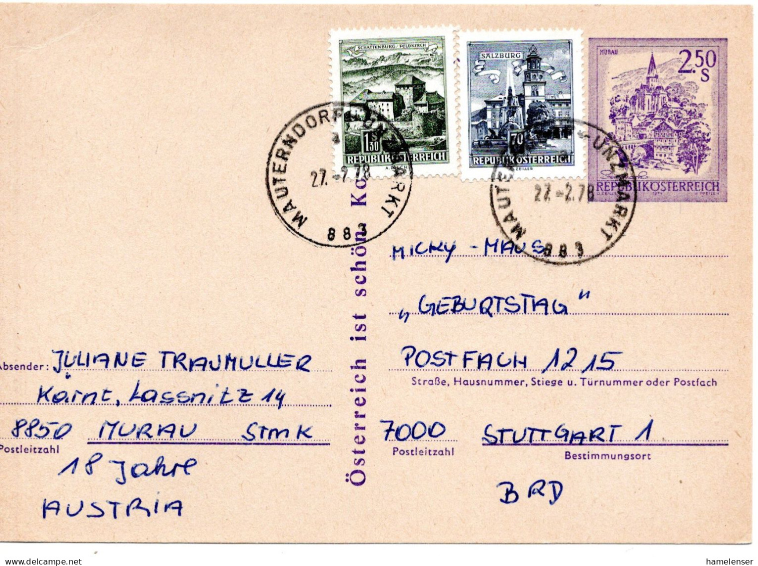 67609 - Österreich - 1978 - S2,50 Landschaften GAKte M ZusFrankatur BahnpostStpl MAUTERNDORF-UNZMARKT -> Westdeutschland - Brieven En Documenten