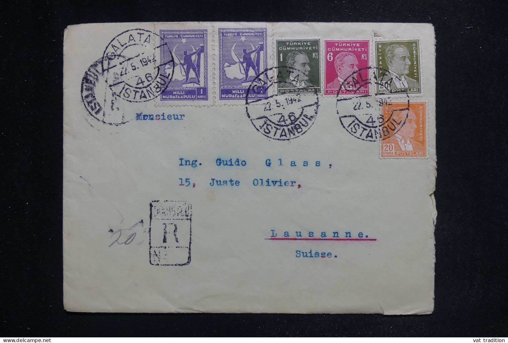 TURQUIE - Enveloppe en recommandé de Istanbul pour la Suisse en 1942 - L 144323