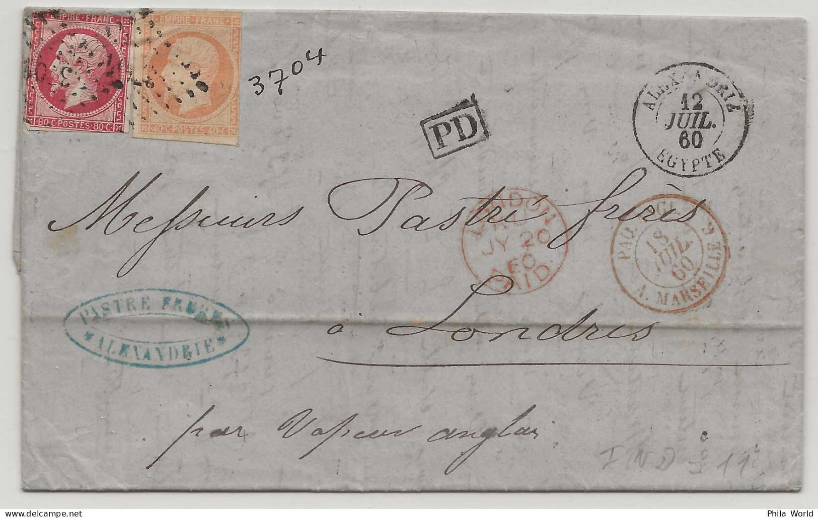 LAC ALEXANDRIE GC 3704 Egypte 1860 Pour LONDRES Par PAQUEBOT STEAMER Via MARSEILLE Affranchissement EMPIRE 80c + 40c - Lettres & Documents