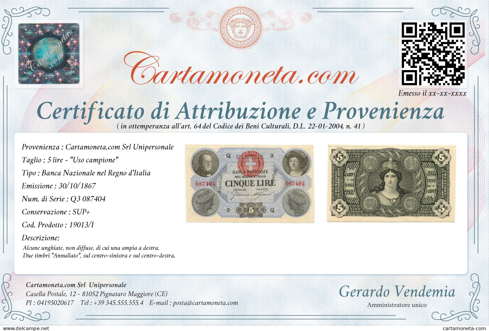 5 LIRE USO CAMPIONE BANCA NAZIONALE NEL REGNO D'ITALIA 30/10/1867 SUP+ - Andere & Zonder Classificatie