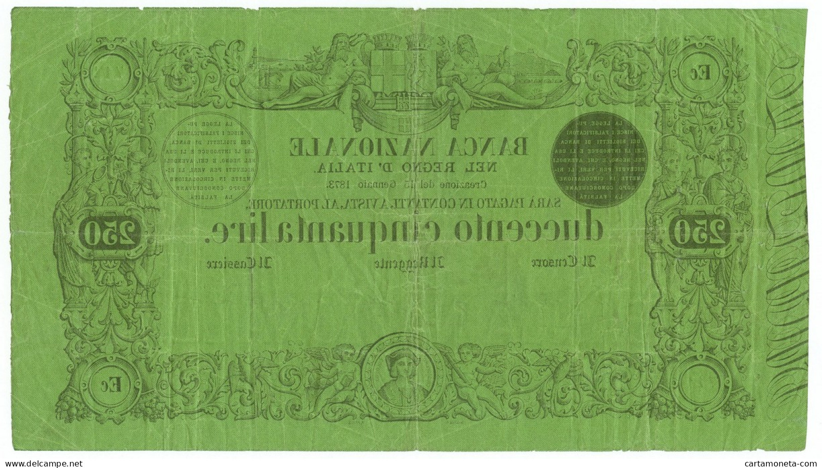 250 LIRE BANCA NAZIONALE NEL REGNO D'ITALIA 15/01/1873 BB/BB+ - Autres & Non Classés