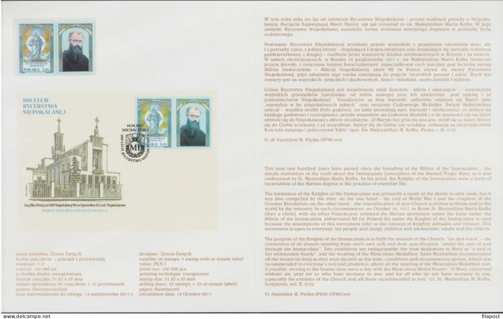 POLAND 2017 Booklet, 100th Anniversary Of The Knights Of Immaculata, Virgin Mary, Maximilian Kolbe +stamp MNH** - Libretti