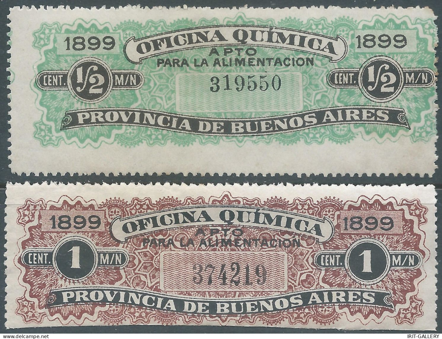 ARGENTINA,1899 Revenue Stamp Tax Fiscal 1/2c & 1c,Oficina Quimica Province Of Buenos Aires,for Feeding,Mint - Service