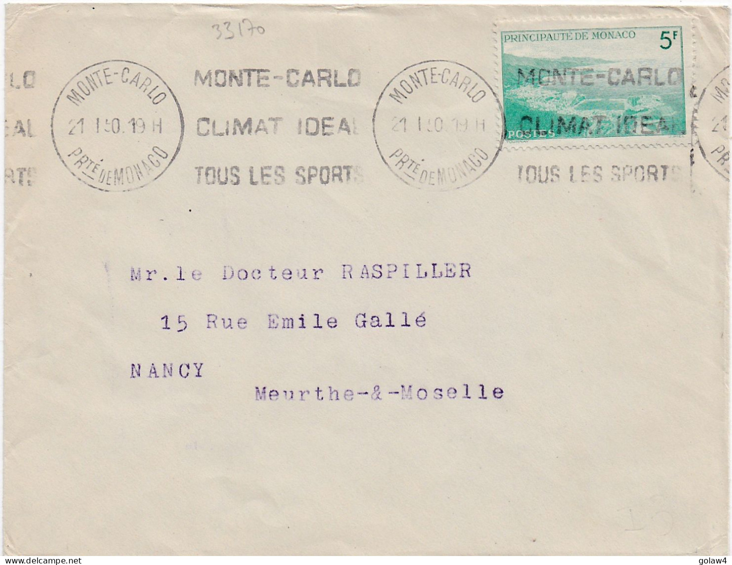 33170# N°346 SEUL LETTRE Obl MONTE CARLO PRINCIPAUTE DE MONACO 1950 CLIMAT IDEAL TOUS LES SPORTS NANCY MEURTHE - Briefe U. Dokumente