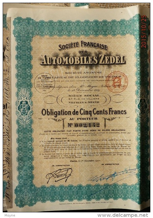 1 Action  Société Francaise Des AUTOMOBILES  ZEDEL - OBLIGATION  De CINQ CENT FRANCS AU PORTEUR  1919  Rares - Automobilismo