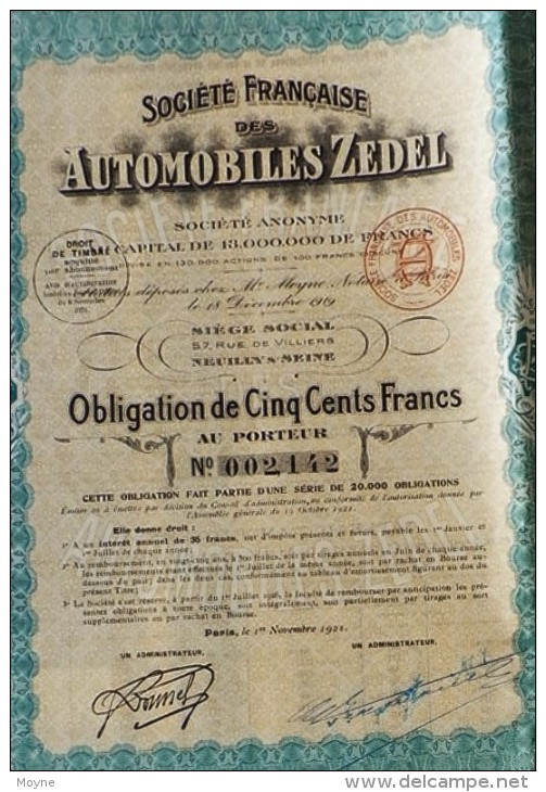 1 Action  Société Francaise Des AUTOMOBILES  ZEDEL - OBLIGATION  De CINQ CENT FRANCS AU PORTEUR  1919  Rares - Auto's