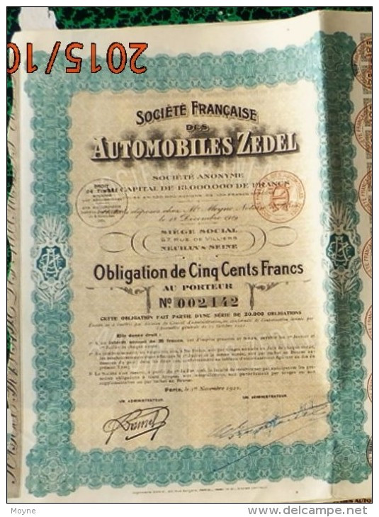 1 Action  Société Francaise Des AUTOMOBILES  ZEDEL - OBLIGATION  De CINQ CENT FRANCS AU PORTEUR  1919  Rares - Automobilismo