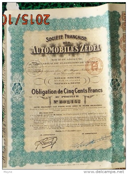 1 Action  Société Francaise Des AUTOMOBILES  ZEDEL - OBLIGATION  De CINQ CENT FRANCS AU PORTEUR  1919  Rares - Automobil