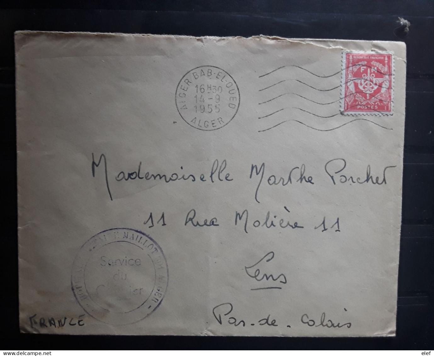 Algérie Lettre FM Guerre ALGER BAB EL OUED, Yvert No 12, Cachet Vaguemestre HOPITAL MAILLOT,1955 > LENS Pas De Calais - Algerienkrieg