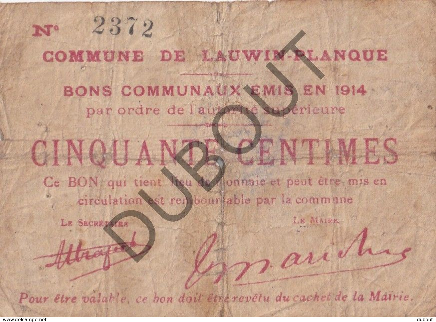 Lauwin - Plancue - Noodgeld/Argent De Nécessité/Notgeld - WOI  (C4458) - Unclassified