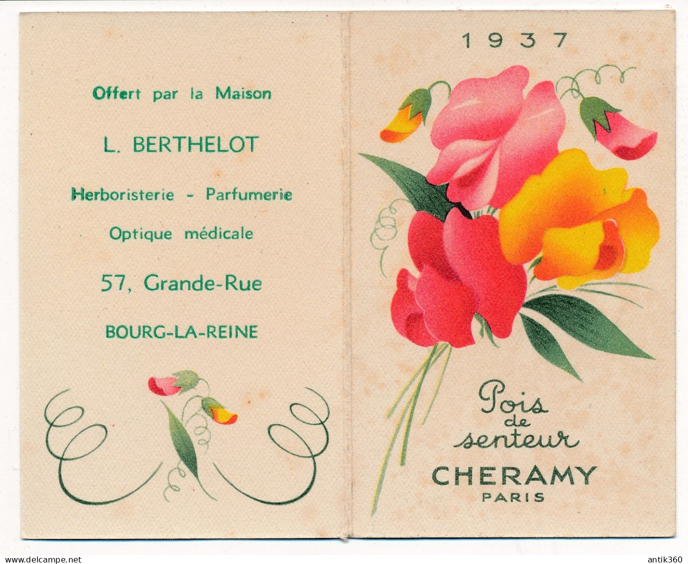 Ancienne Carte Parfumée Publicitaire Calendrier 1937 POIS DE SENTEUR CHERAMY Paris Parfum Perfume Card - Antiquariat (bis 1960)