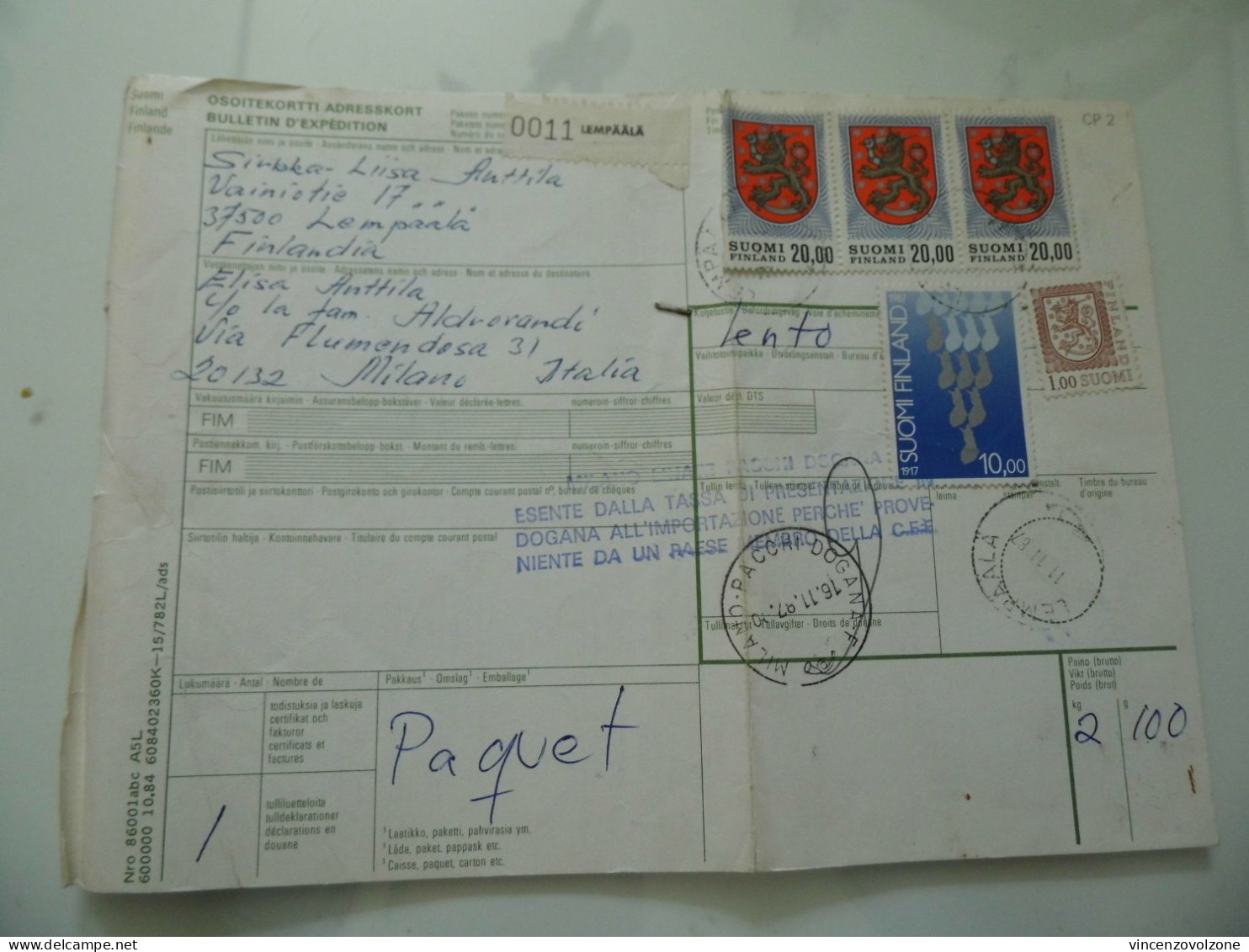 BOLLETTINO PACCO  PER L'ITALIA  VIA AEREA   - DOGANA 1987 - Parcel Post