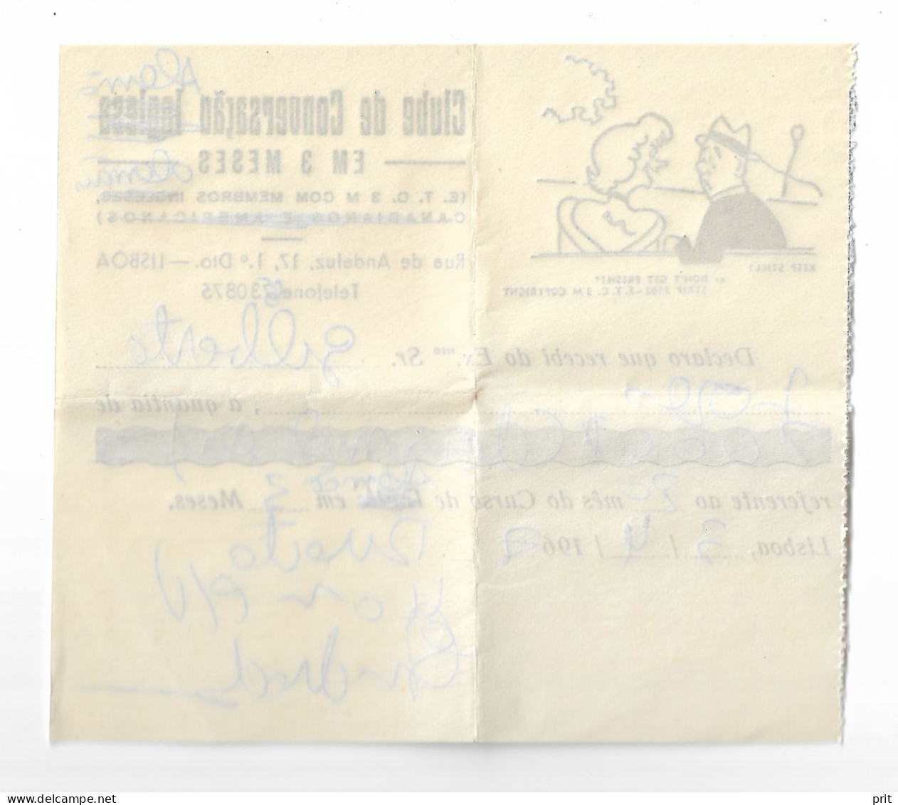 Clube De Conversação Inglesa/alemão Em 3 Meses Lisboa Lisbon Portugal 1967 Vintage Language School Bill Invoice - Portogallo