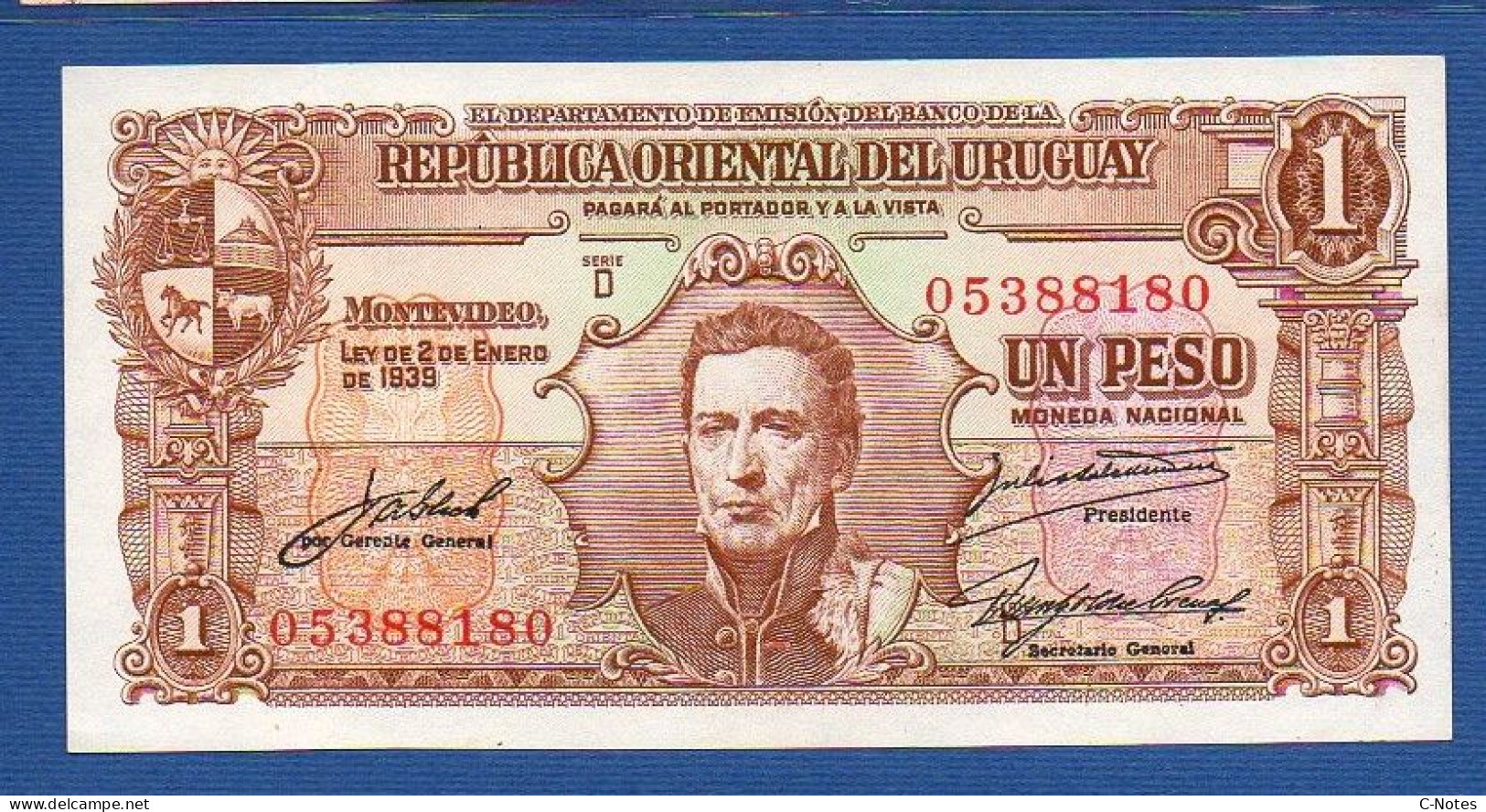 URUGUAY - P. 35c – 1 Peso 1939 AUNC, S/n 6399419 - Uruguay