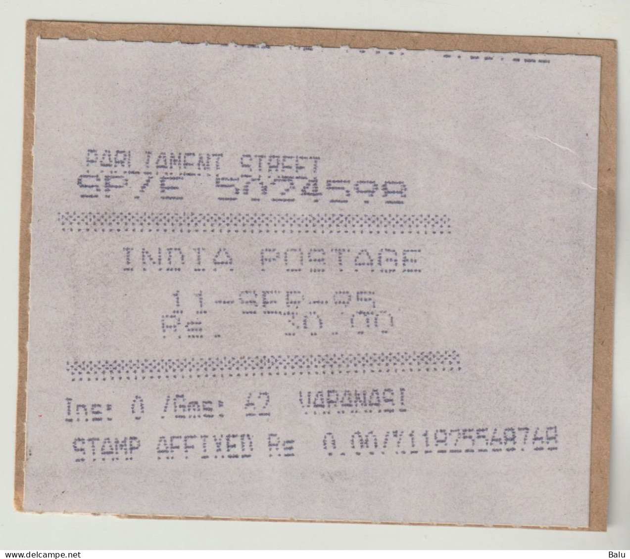 Indien India Postage Rs. 30.00 11-SEP-95 Parliament Street Varanasi "STAMP AFFIXED Rs" Auf Fragment - Used Stamps