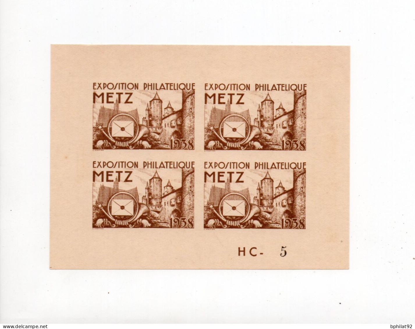 !!!! EXPOSITION PHILATELIQUE DE METZ, BLOC DE 4 ESSAIS DE VIGNETTES, TIRAGE NUMEROTE. RR - Briefmarkenmessen