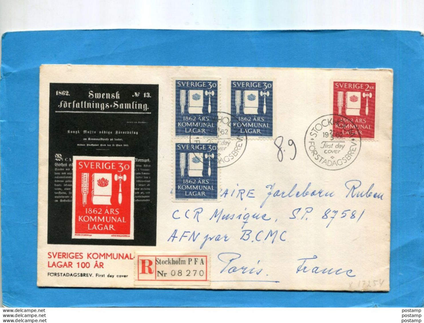 SUEDE-lettre REGISTERED- Cad 1962-pour AFN  Guerre D'algérie Pour Légionnaire SP87581  -4 Stamps Kommunal Lagar - Algerienkrieg