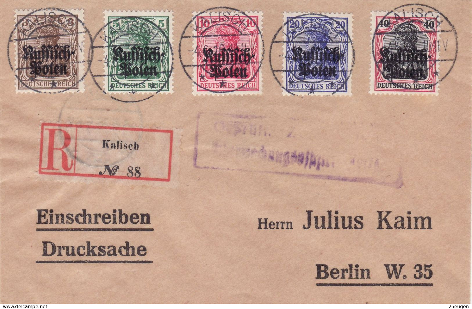 GERMAN OCCUPATION 1916 MICHEL No: 1 -  5  On R - Letter Sent From KALISZ To BERLIN - Lettres & Documents