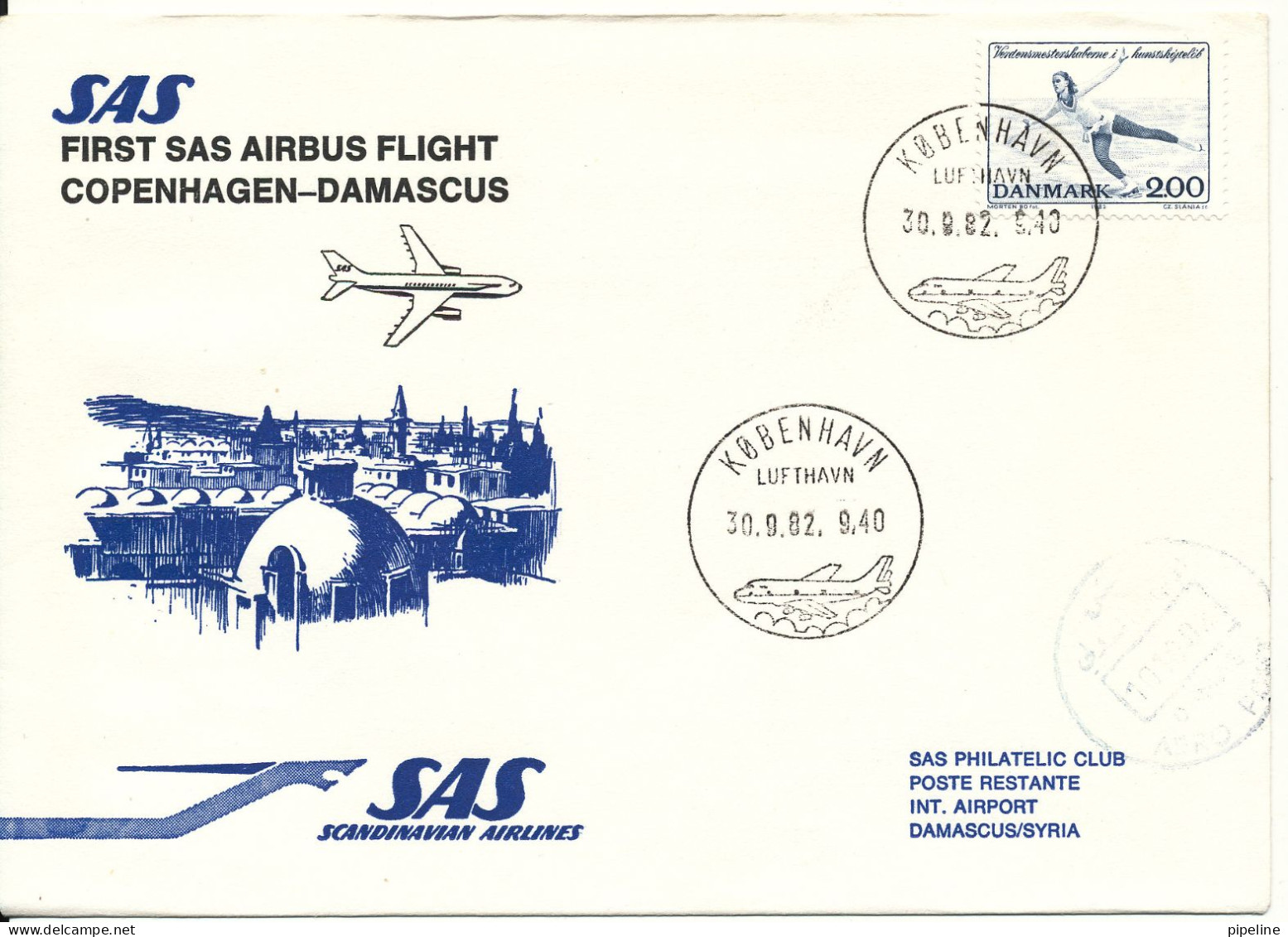 Denmark Cover First SAS Airbus Flight Copenhagen - Damascus 30-9-1982 - Covers & Documents