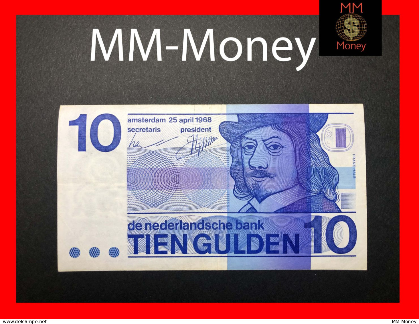 NETHERLANDS 10 Gulden  25.4.1968  P. 91 A  " With O In Bullseye On Back"   ***very Rare***    VF - 10 Gulden