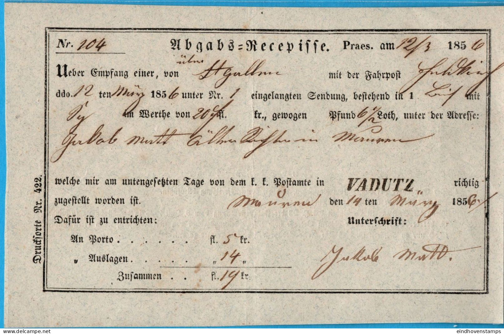 Liechtenstein Vaduz Abgabsrecepisse 1856 12/3, Einzeil Stempel Vadutz, 2105.1601 - ...-1912 Préphilatélie