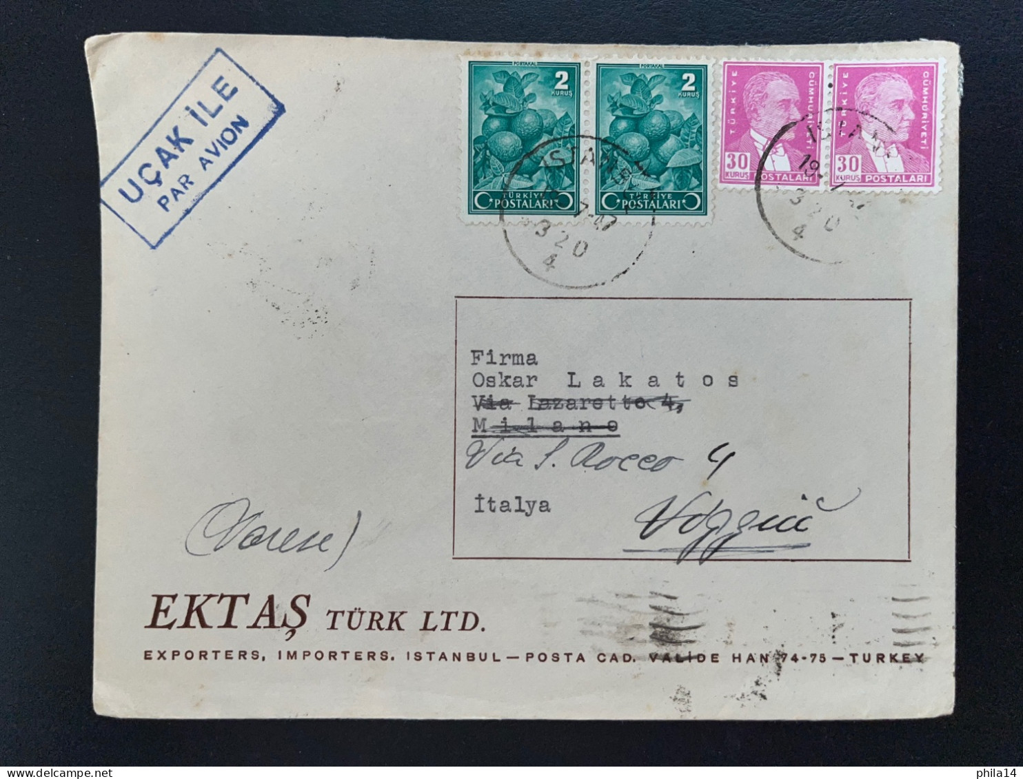 ENVELOPPE ISTAMBUL TURQUIE POUR MILAN ITALIE1947 - Lettres & Documents