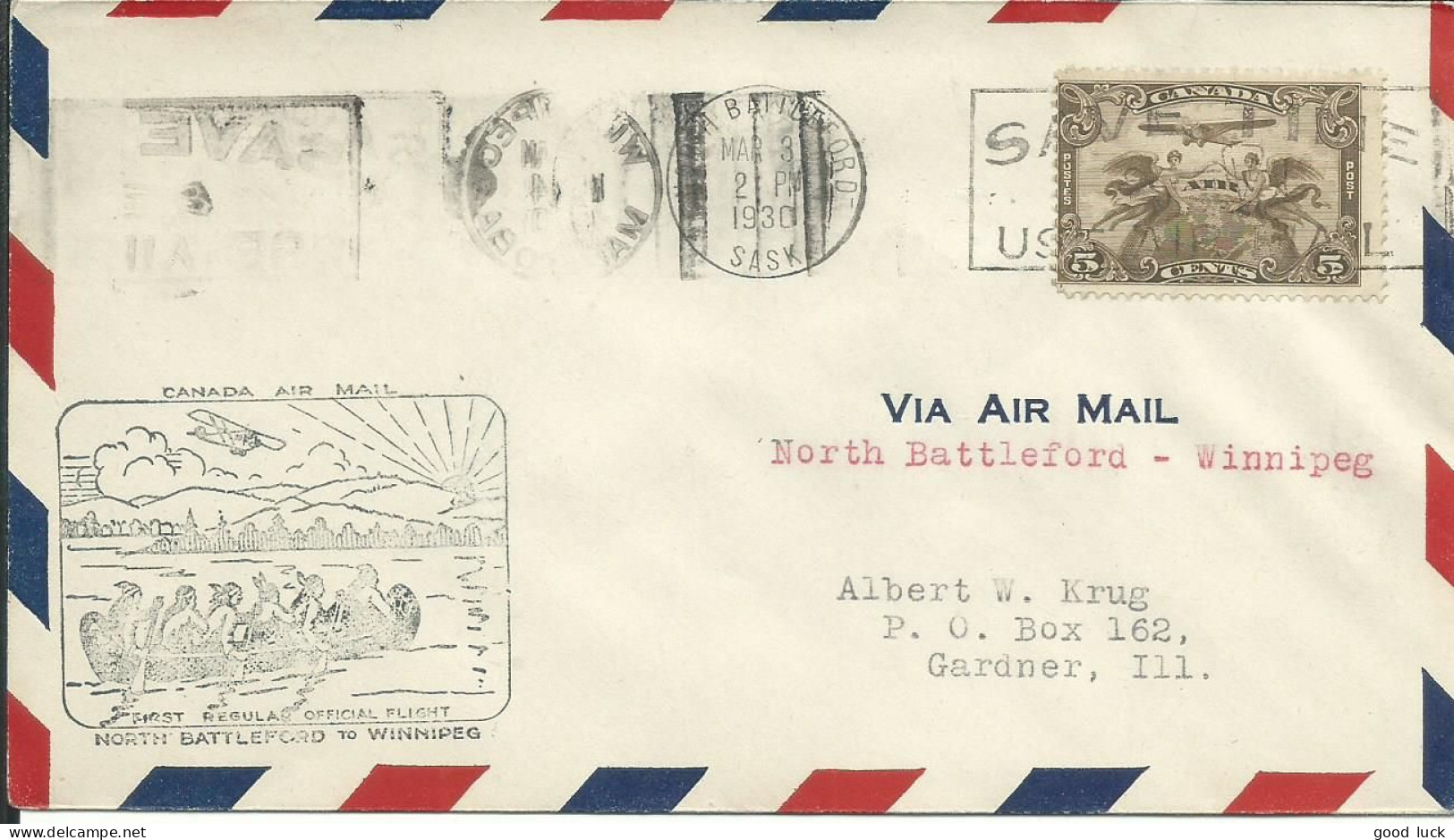 CANADA LETTRE 5c NORTH BATTLEFORD POUR GARDNER PAR AVION  DE 1930 LETTRE COVER - Briefe U. Dokumente