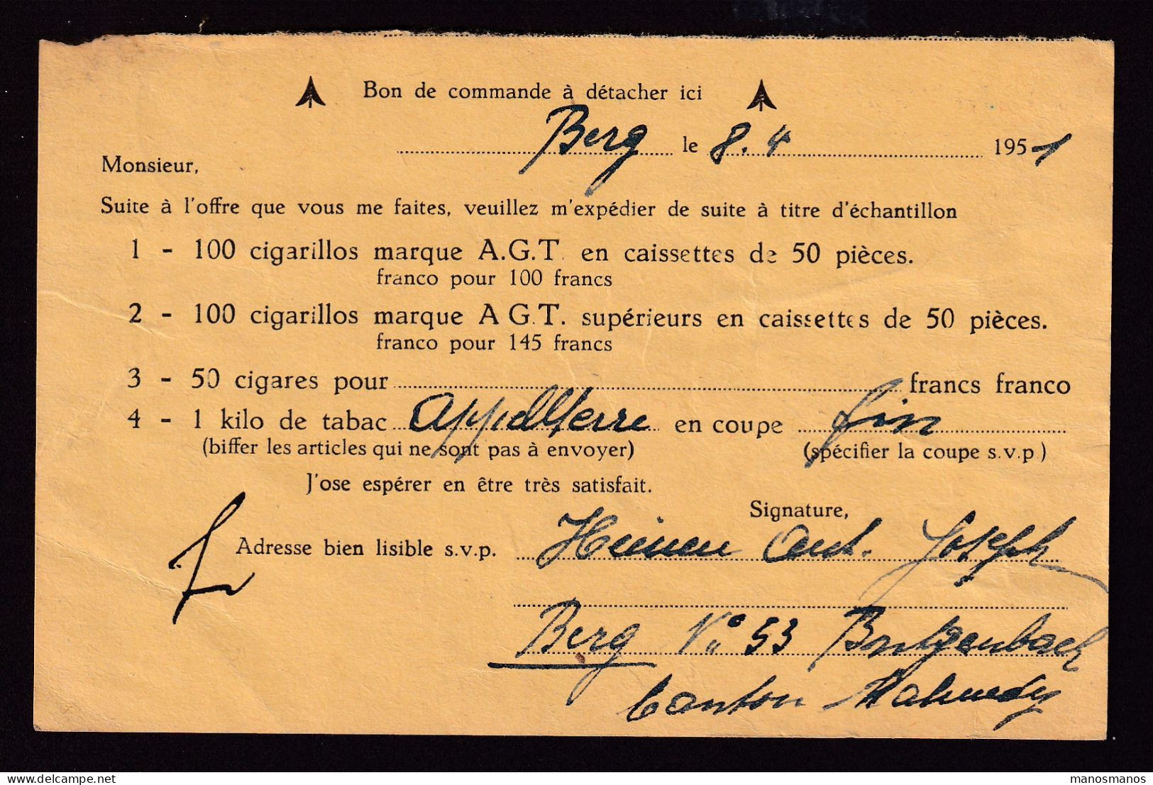 463/39 -- CANTONS DE L'EST - Carte Port Payé Destinataire BUTGENBACH 1951 Vers THUILLIES - Commande TABACS Gallot - Franchise