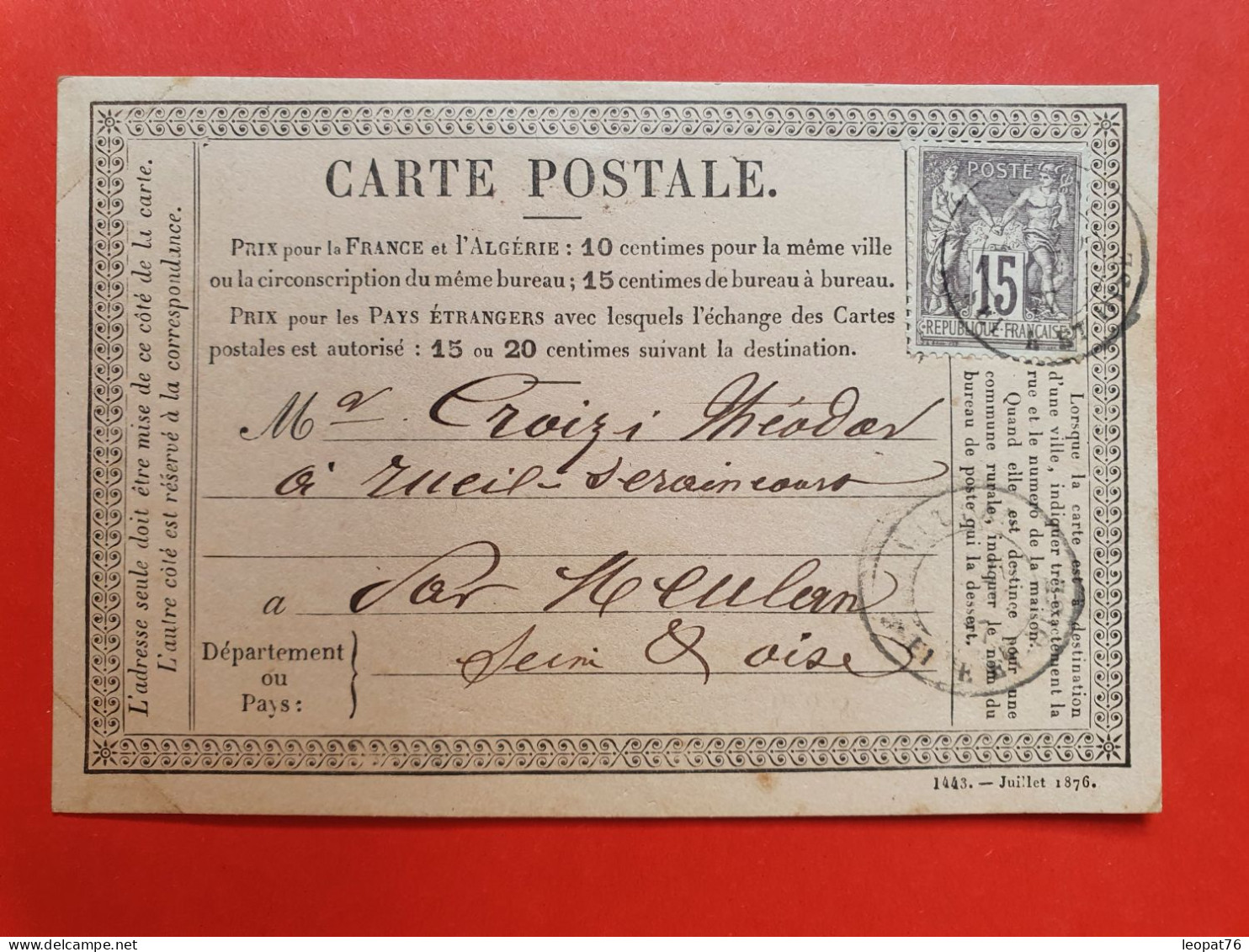 Carte Précurseur Pour Rueil Seraincourt En 1877 - Réf 1116 - Precursor Cards