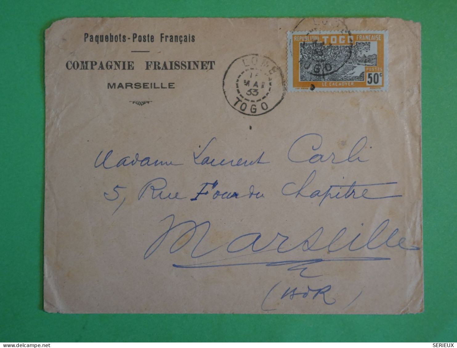 BU21 TOGO  BELLE  LETTRE RR CIE FRAISSINET BATEAU VAPEUR 1933 LOME A MARSEILLE  FRANCE++ AFF .INTERESSANT+ - Briefe U. Dokumente