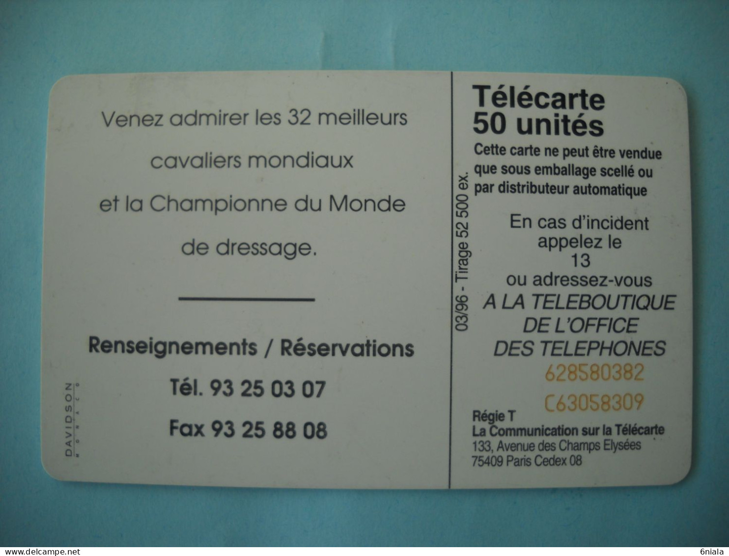 7610 Télécarte  Collection JUMPING INTERNATIONAL Monte Carlo 1996  25 26 27 Avril   52 500 Ex ( 2 Scans ) 50 U - Sport