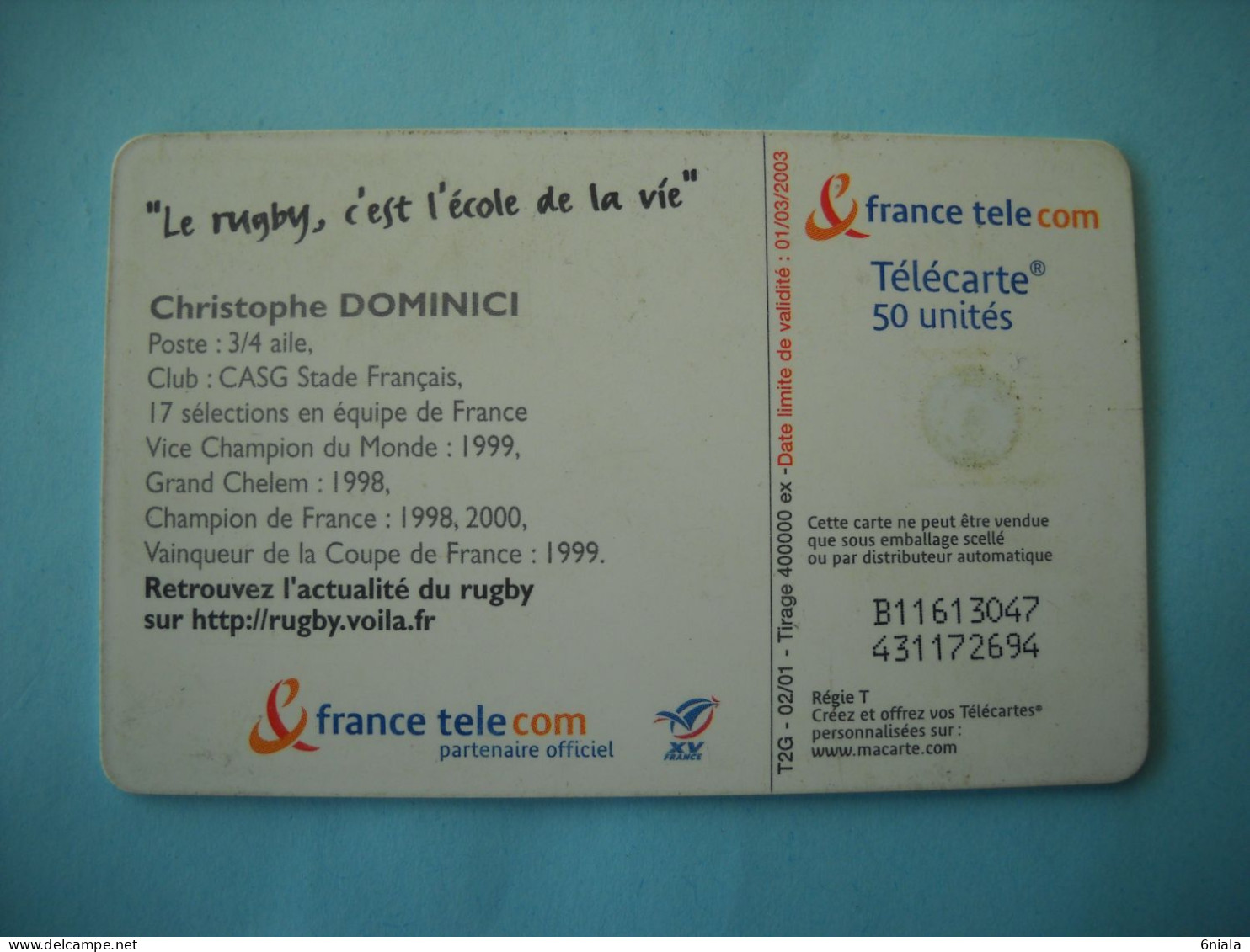 7617 Télécarte  Collection Christophe DOMINICI SPORT RUGBY Stade Français  ( 2 Scans ) 50 U - Sport