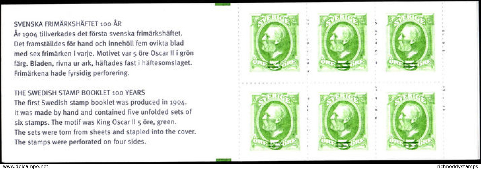 Sweden 1904 (2004) 5&oslash; Reproduction Booklet - Unused Stamps