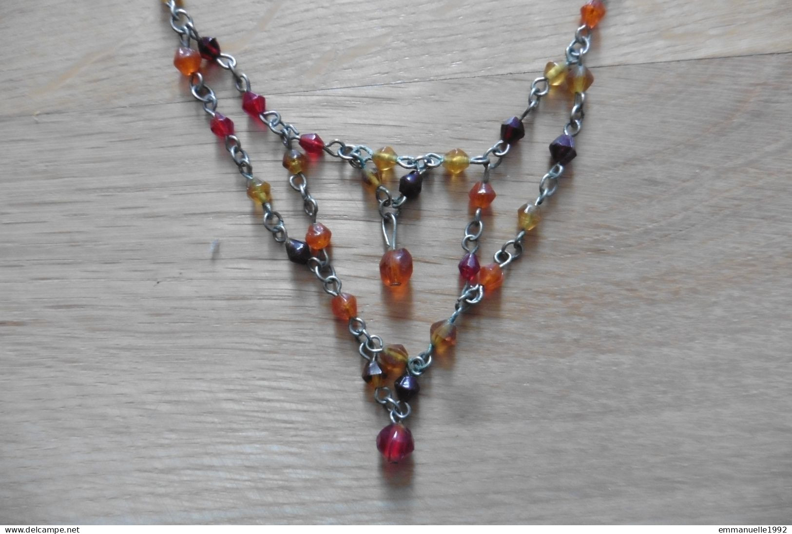 Collier 70s Ras De Cou Réglable Chaîne Métal Argenté Perles Cristaux Fantaisie Rouge Orange Jaune - Colliers/Chaînes