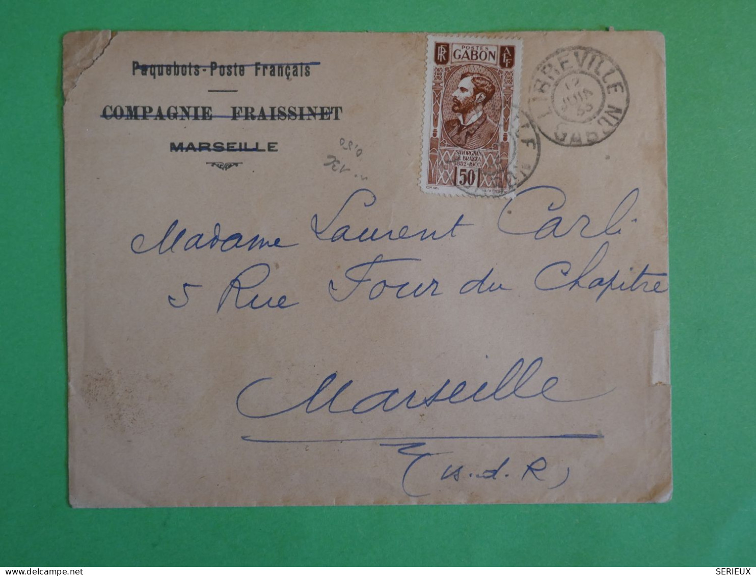 BU21  GABON   BELLE  LETTRE RR CIE FRAISSINET BATEAU VAPEUR 1933 LIBREVILLE  MARSEILLE  FRANCE+  + - Covers & Documents