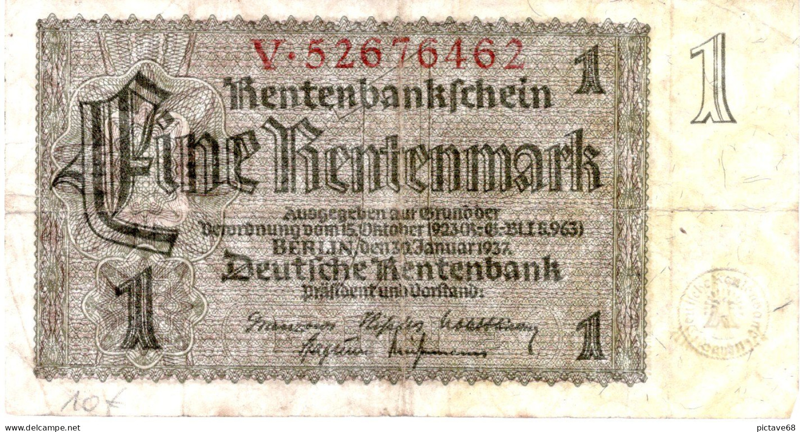 ALLEMAGNE/GERMANY/N°173b Billet De 1 Rentenmark Du 30.1.1937. Olive. Bande Jaune à Droite. Grande Ou Petite Taille - 1 Rentenmark