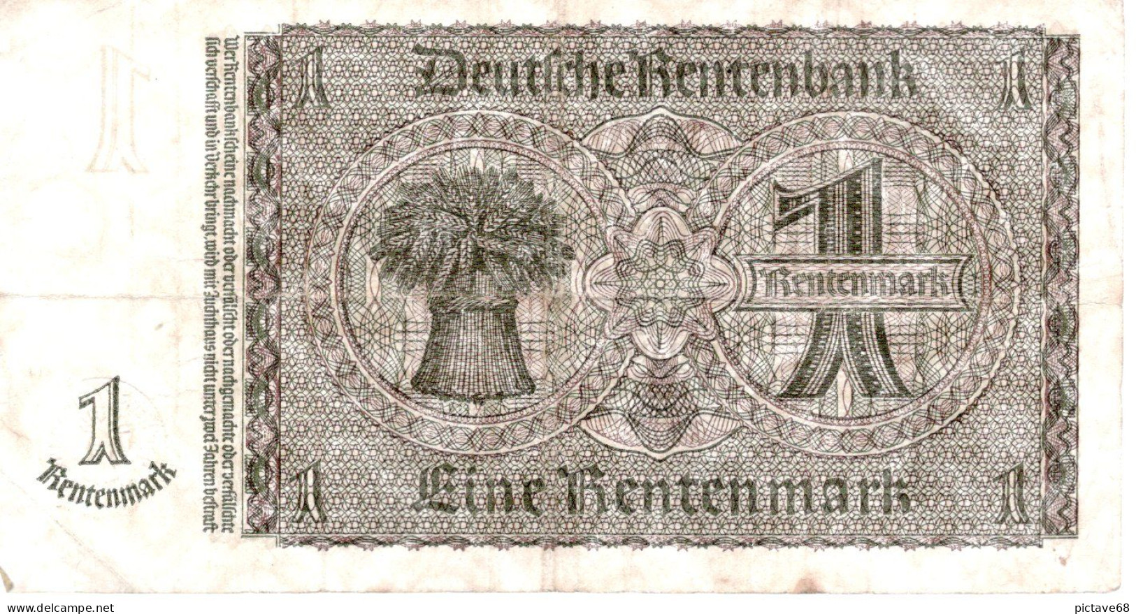 ALLEMAGNE/GERMANY/N°173b Billet De 1 Rentenmark Du 30.1.1937. Olive. Bande Jaune à Droite. Grande Ou Petite Taille - 1 Rentenmark