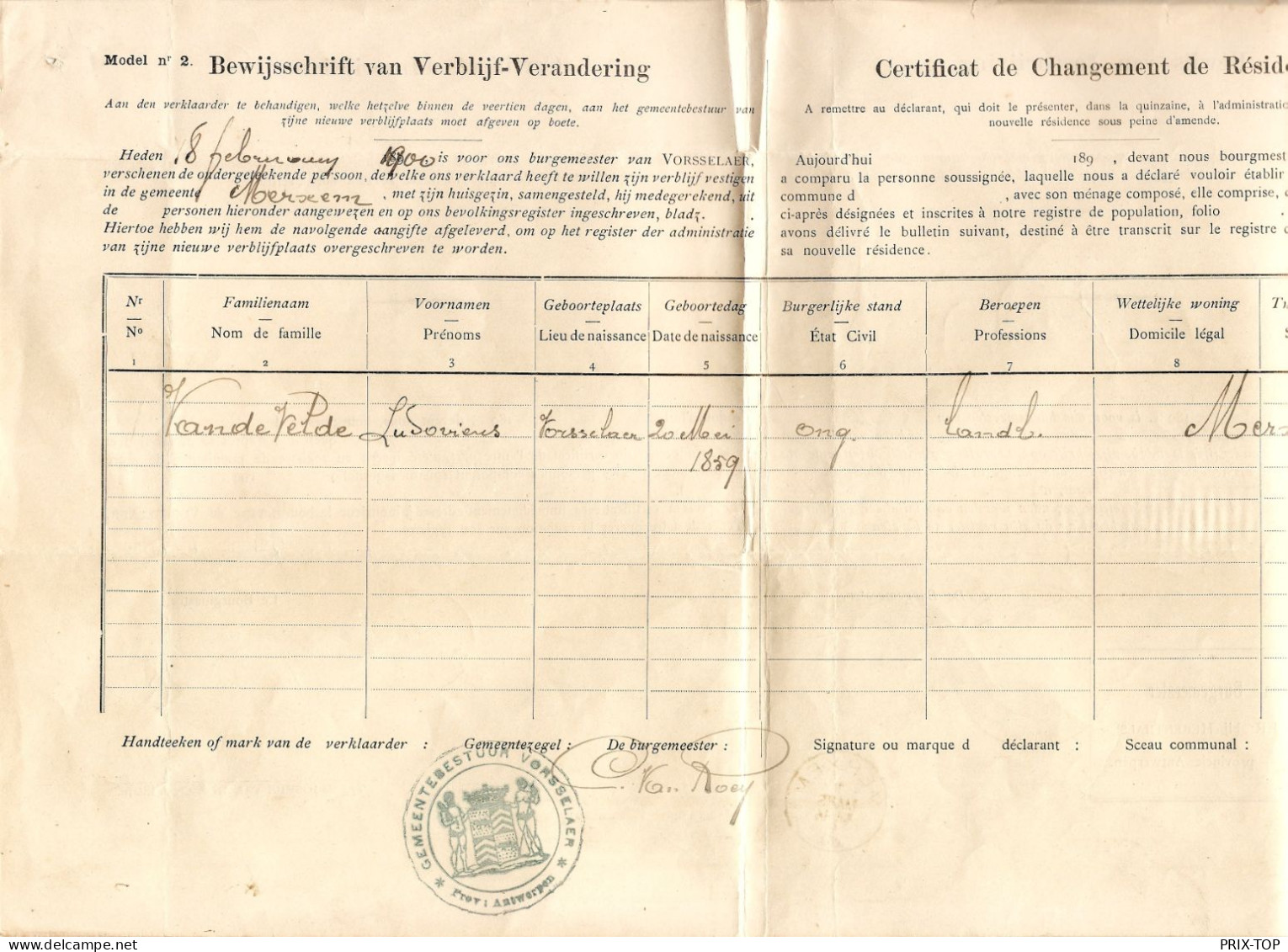 Bewijs Van Inschrijving Model N°3 De Vorsselaer C.Communal > Merxem C. 1/3/1900 - Franchise