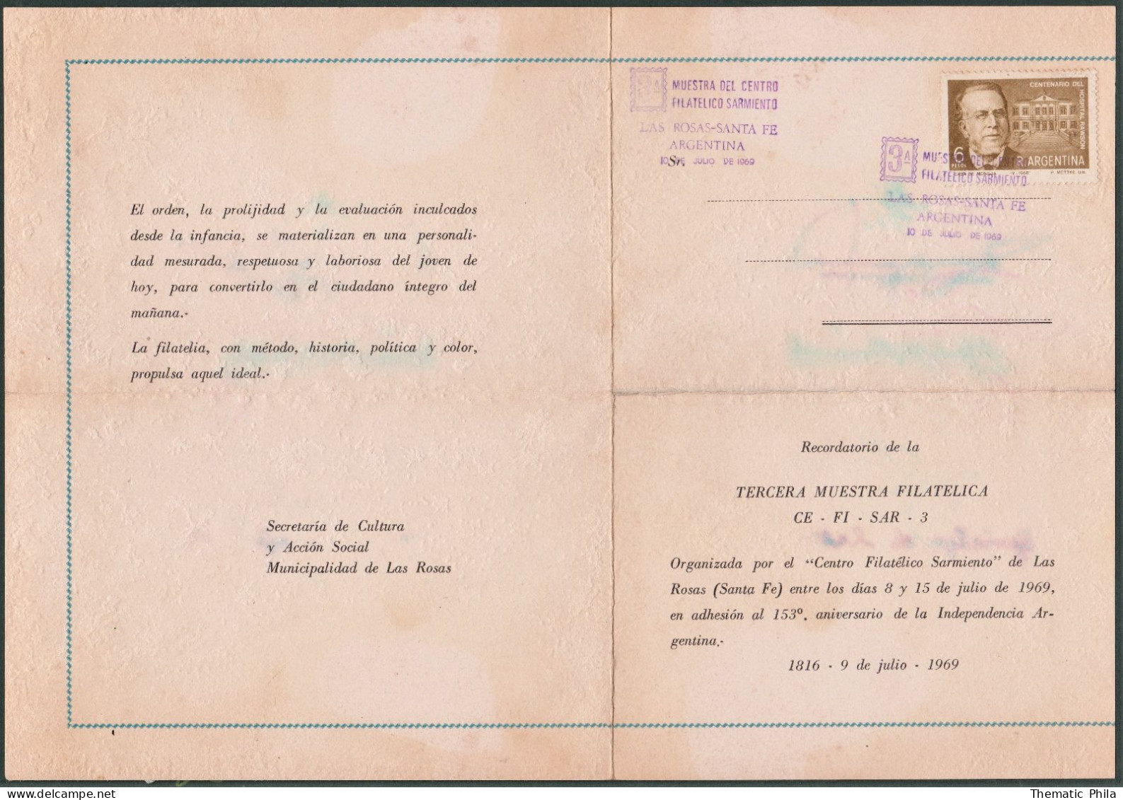 Argentina 1969 FDC 3A Muestra Filatelica CEFISAR Las Rosas - SANTA FE Con Firmas Signed - Covers & Documents