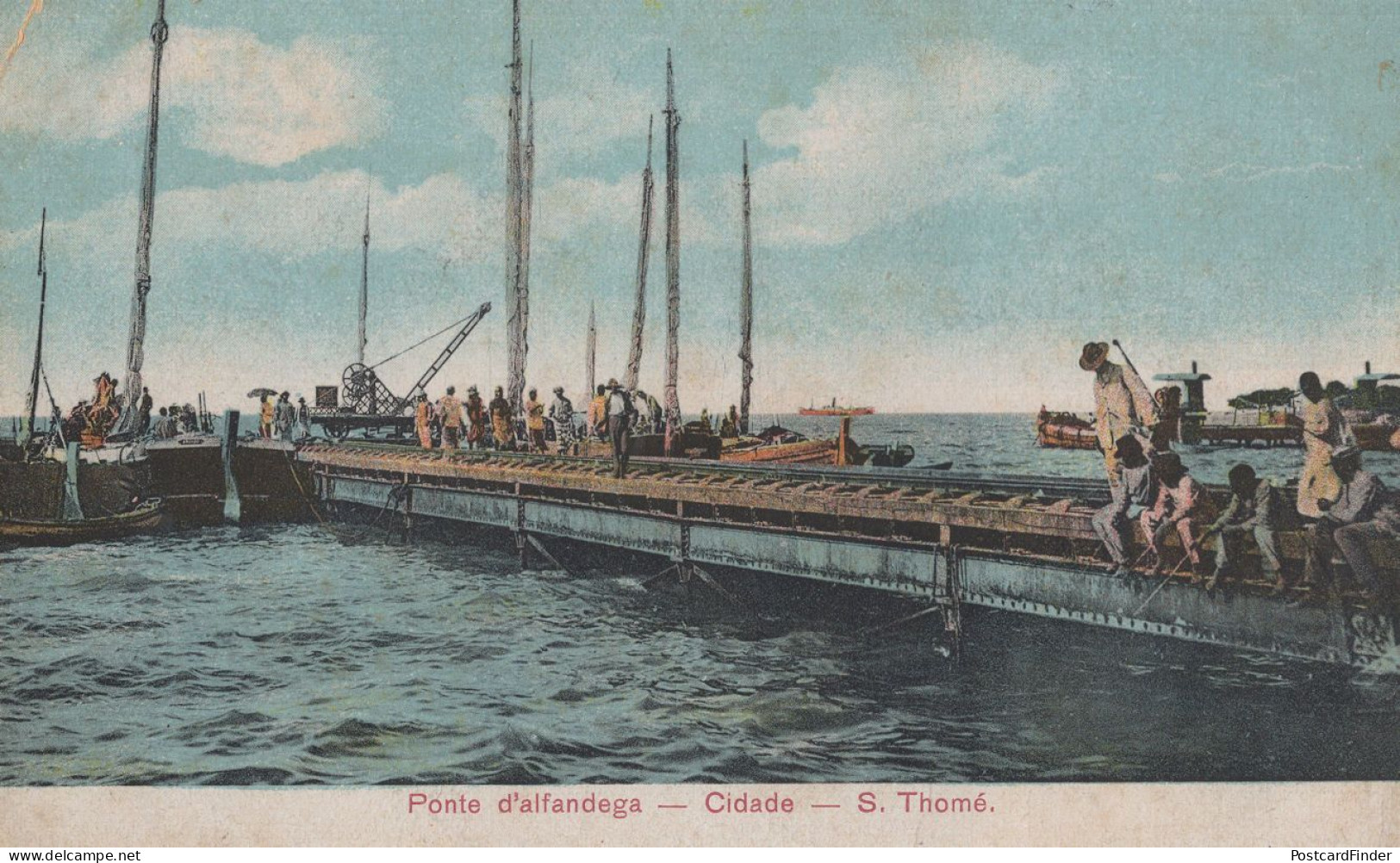 Sao Thome Tome Boat Cidade African Ponte Ship Old Postcard - Sao Tome And Principe