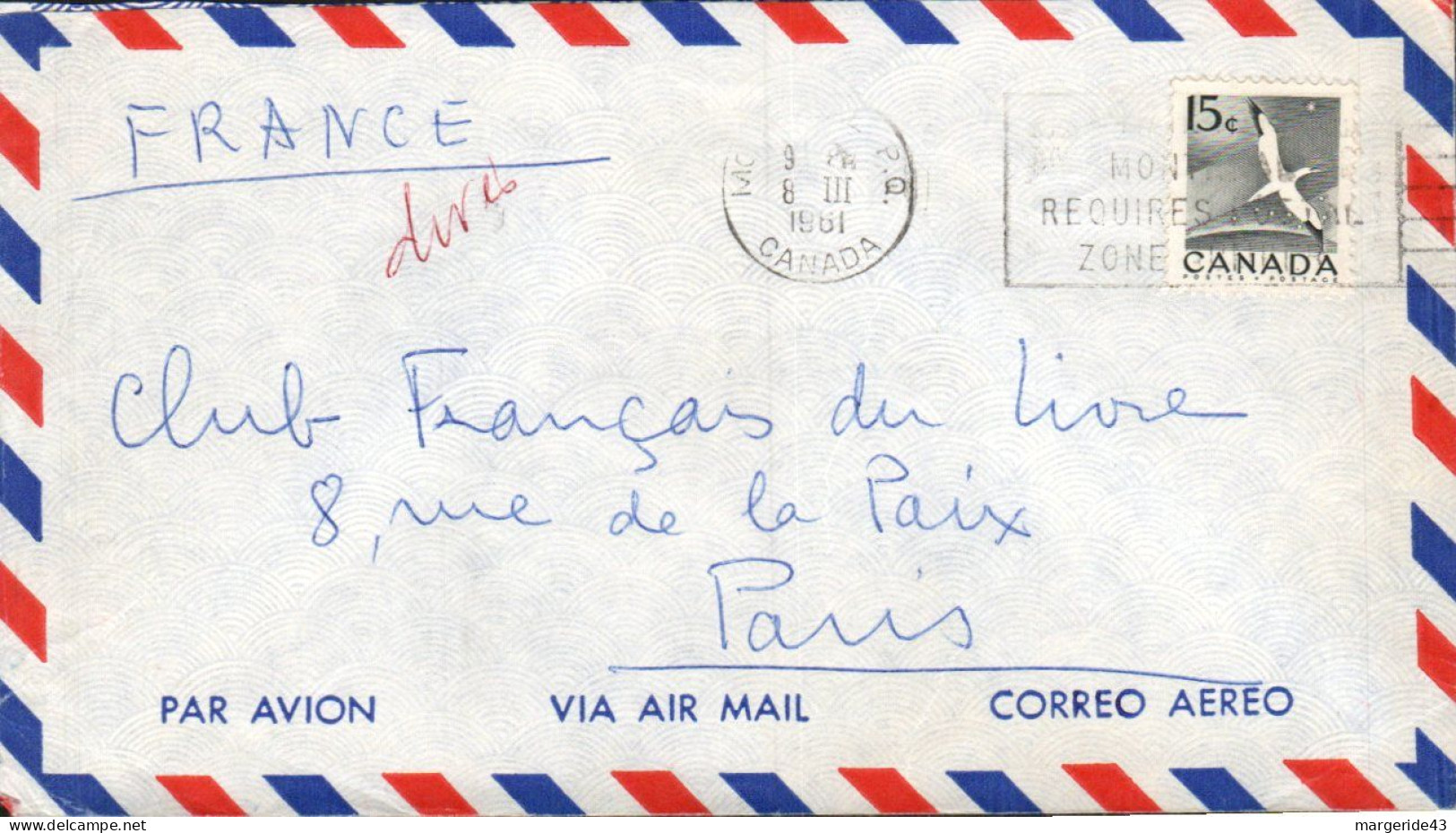 CANADA SEUL SUR LETTRE POUR LA FRANCE 1961 - Briefe U. Dokumente