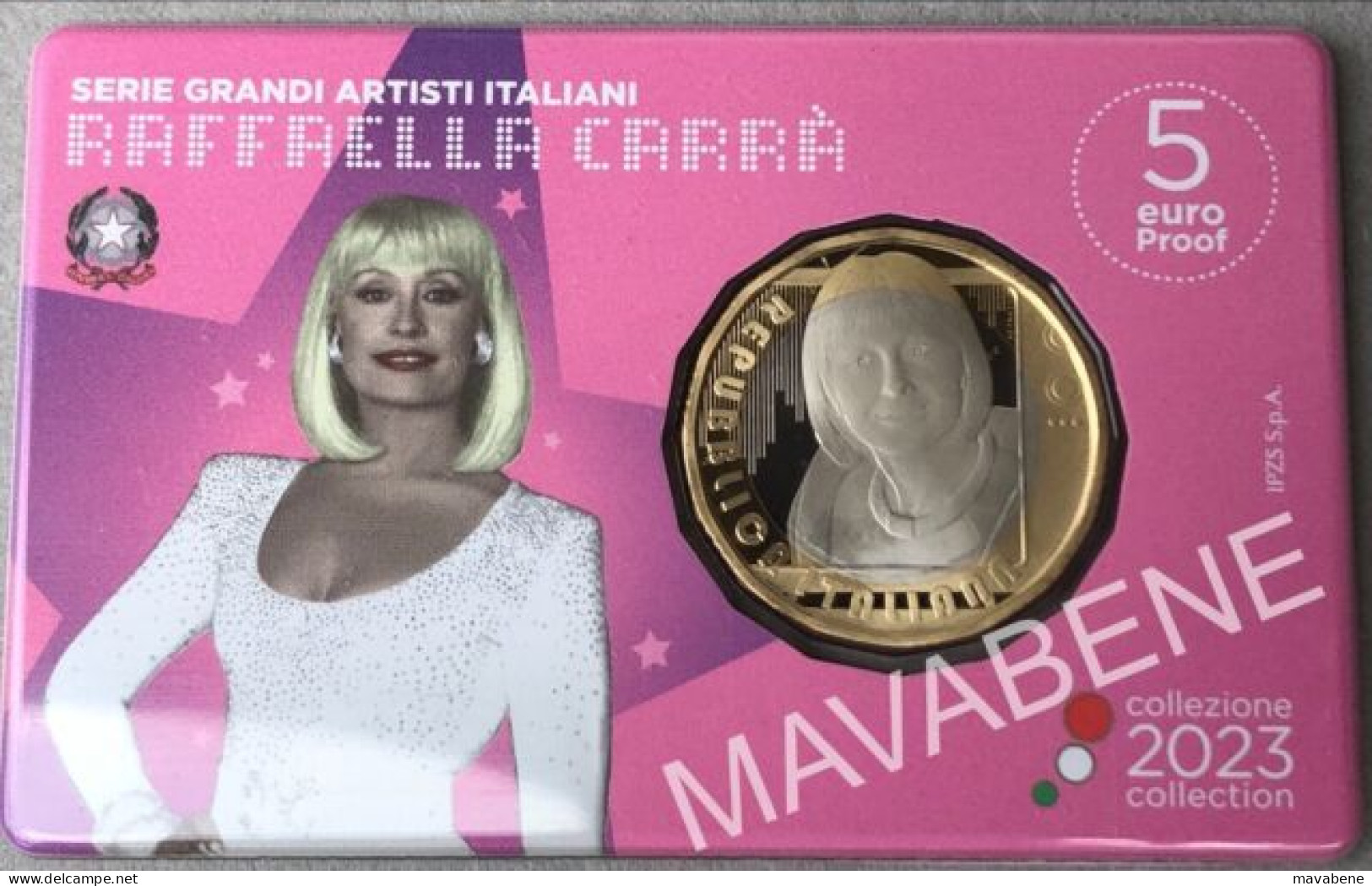 ITALIA 2023 RAFFAELLA CARRÀ SERIE GRANDI ARTISTI MONETA 5 EURO PROOF COINCARD - Collections